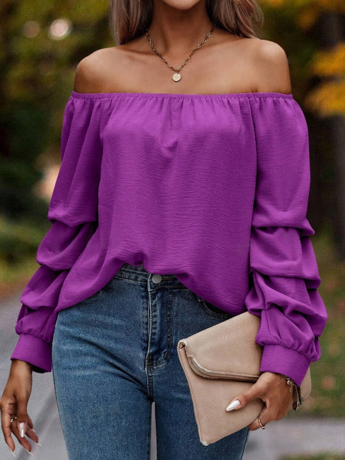 Buy vivid-violet Ruched Off-Shoulder Long Sleeve Blouse