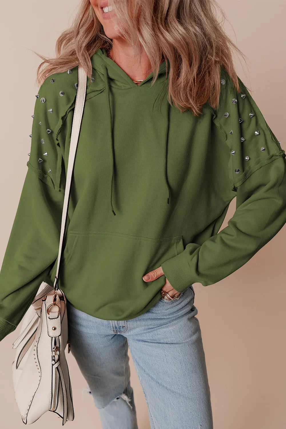 Buy army-green Rivet Drawstring Long Sleeve Hoodie