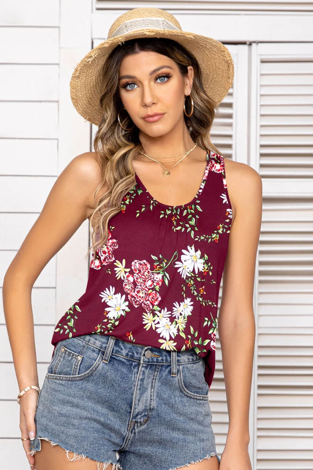 Buy wine Floral Scoop Neck Tank Top