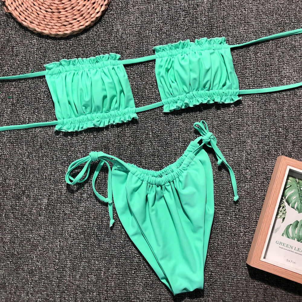 Buy neon-green Frill Trim Ruched Bikini Set