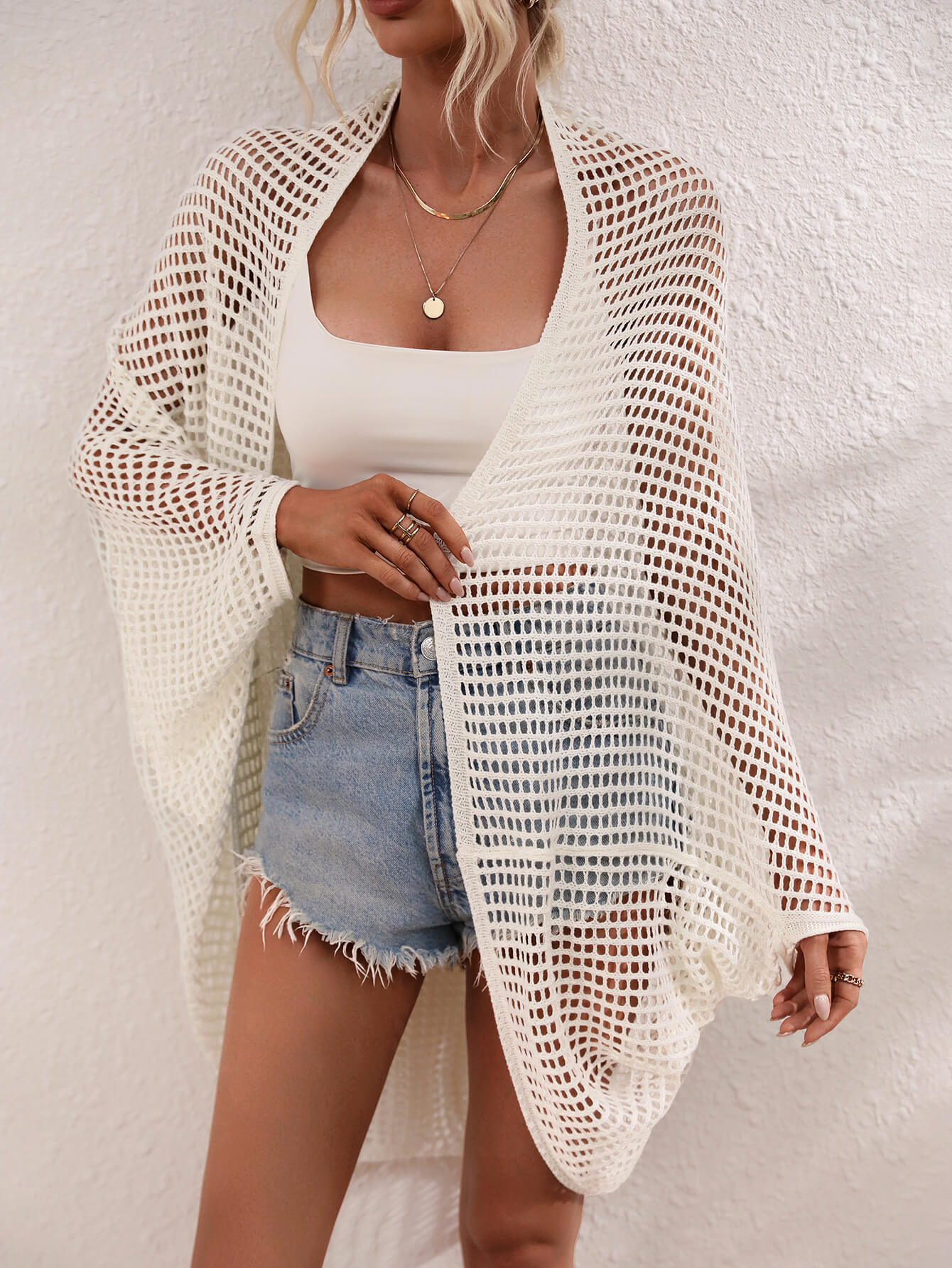 Buy white Openwork Open Front Longline Cover Up