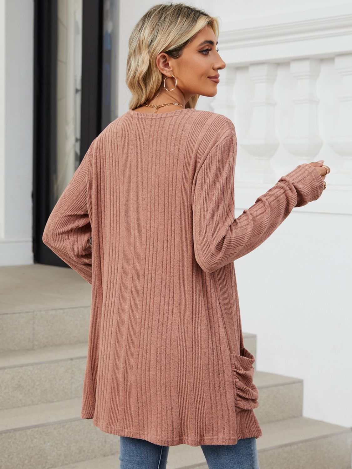 Pocketed Open Front Long Sleeve Cardigan