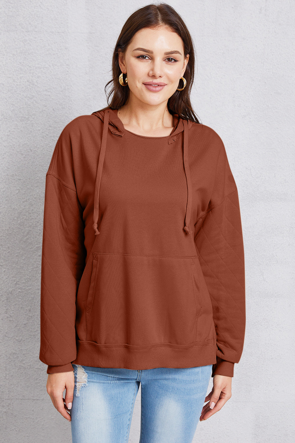 Buy rust Drawstring Kangaroo Pocket Dropped Shoulder Hoodie