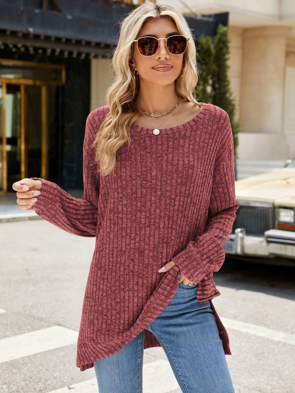 Buy burgundy Round Neck Long Sleeve T-Shirt