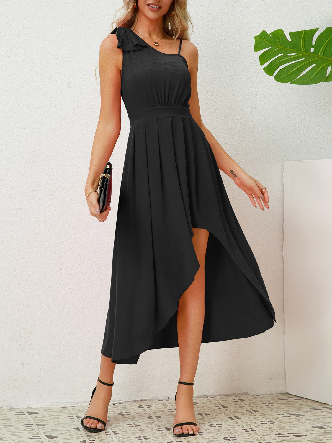 Buy black Bow Asymmetrical Neck Sleeveless Dress