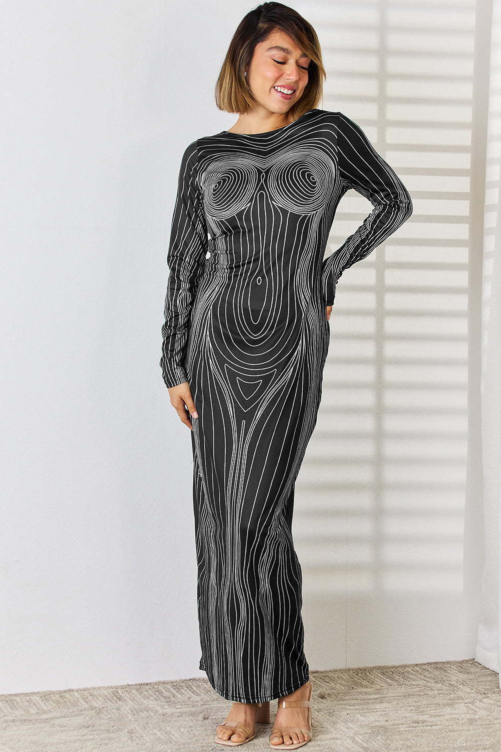 Buy dark-gray Cutout Round Neck Long Sleeve Maxi Dress