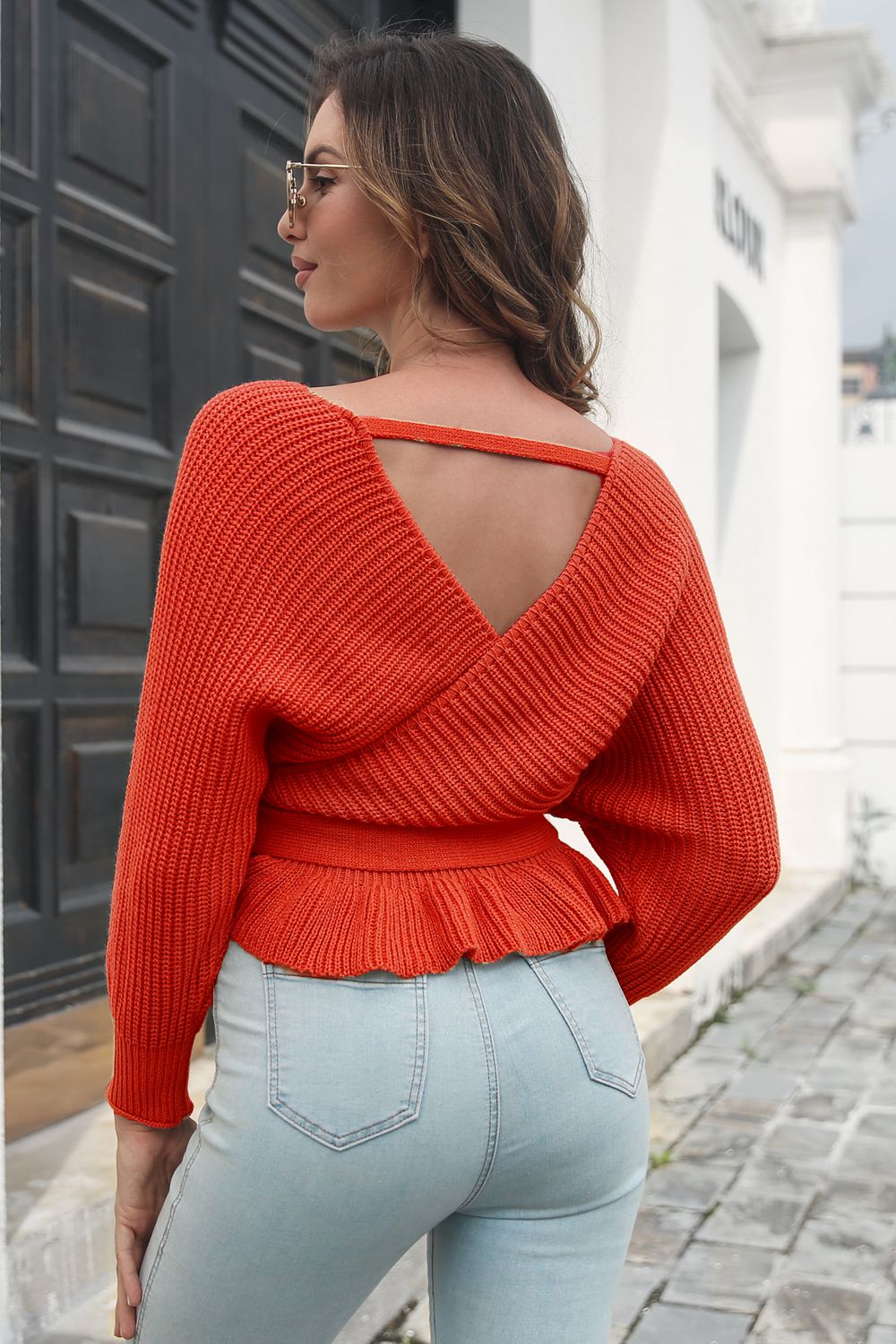 Tie Waist Ruffle Hem Sweater