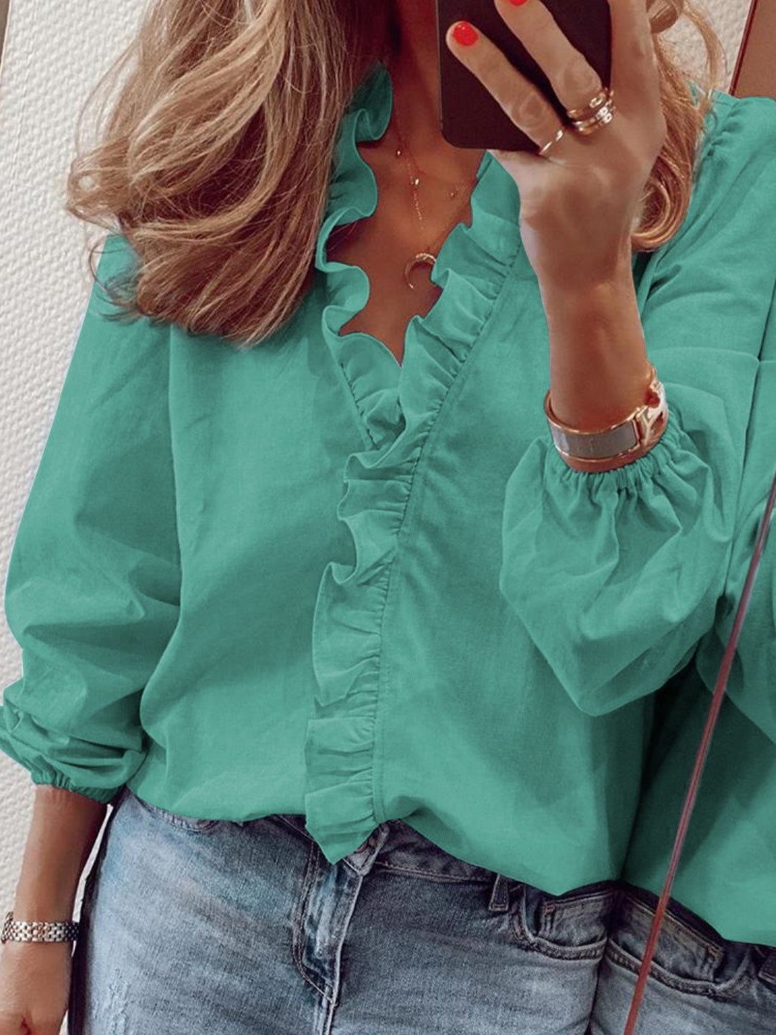 Buy teal Full Size Ruffled V-Neck Long Sleeve Blouse