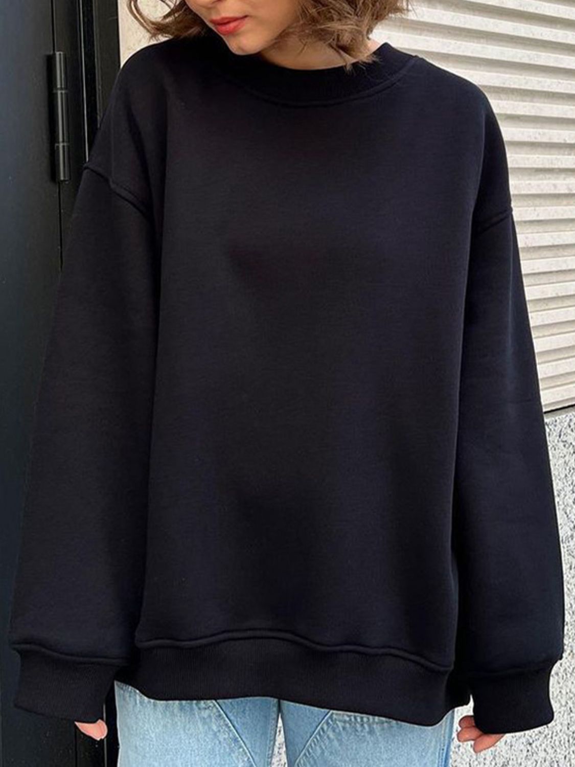 Buy black Oversize Round Neck Dropped Shoulder Sweatshirt