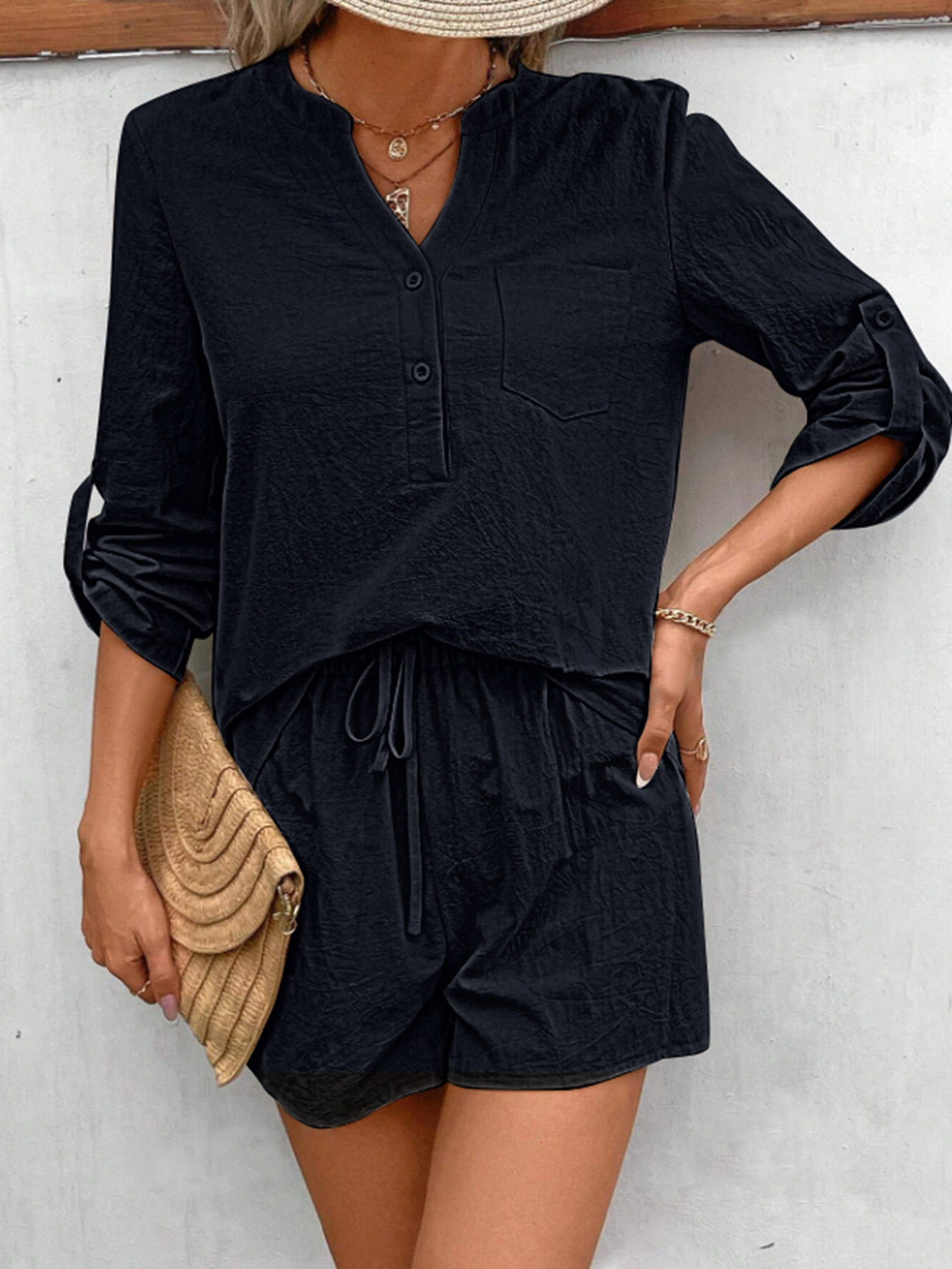 Buy black Notched Long Sleeve Top and Shorts Set