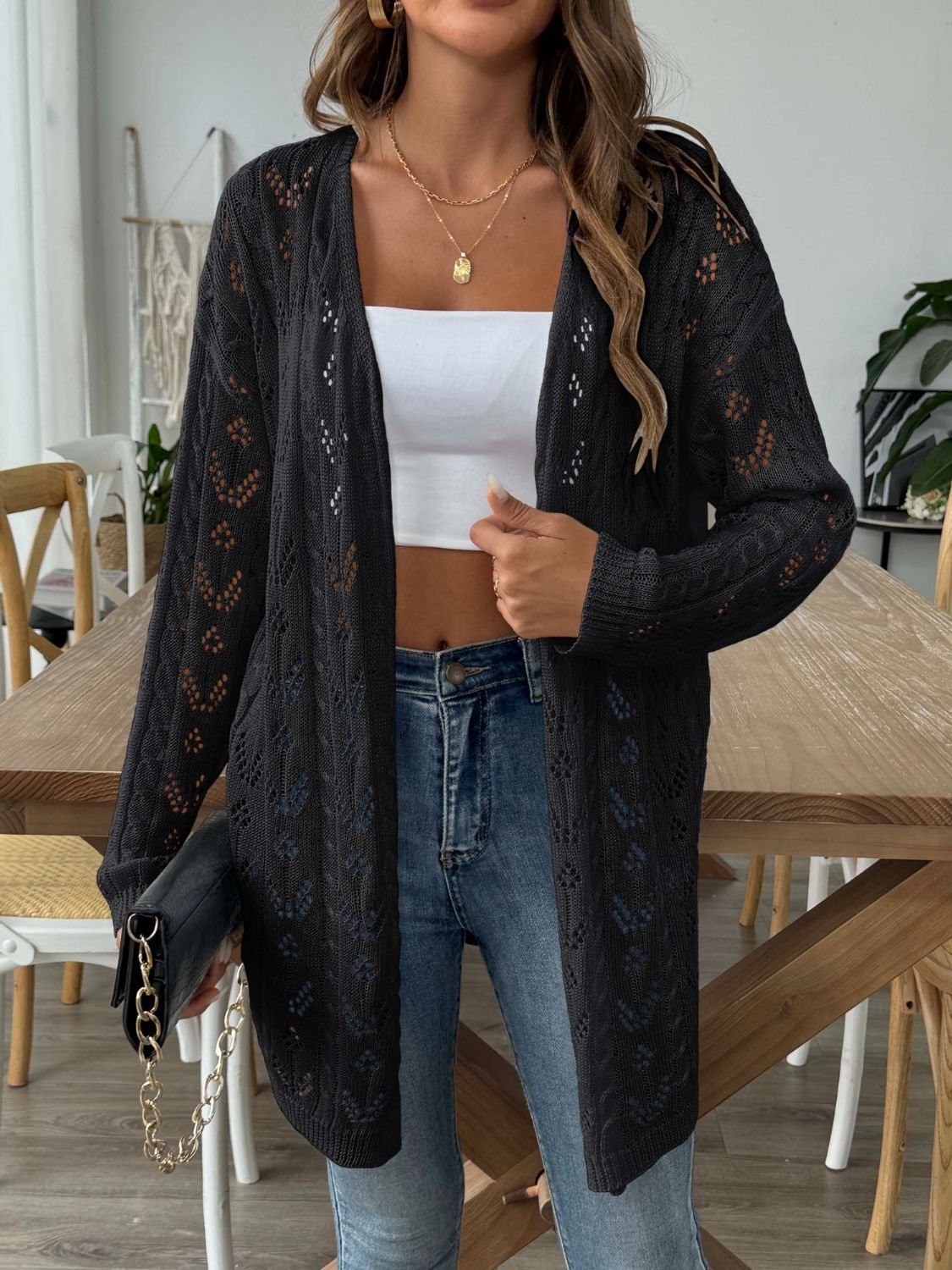 Buy black Openwork Open Front Long Sleeve Cardigan