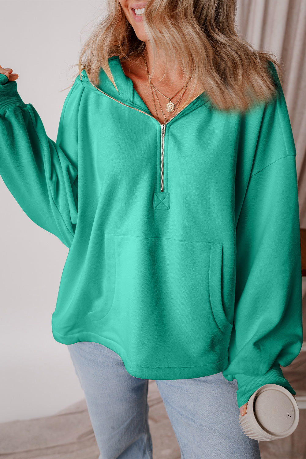 Buy turquoise Pocketed Half Zip Dropped Shoulder Hoodie