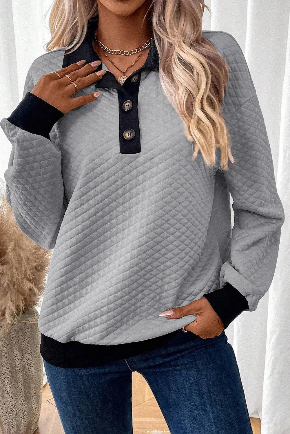 Buy gray Textured Collared Neck Long Sleeve Top