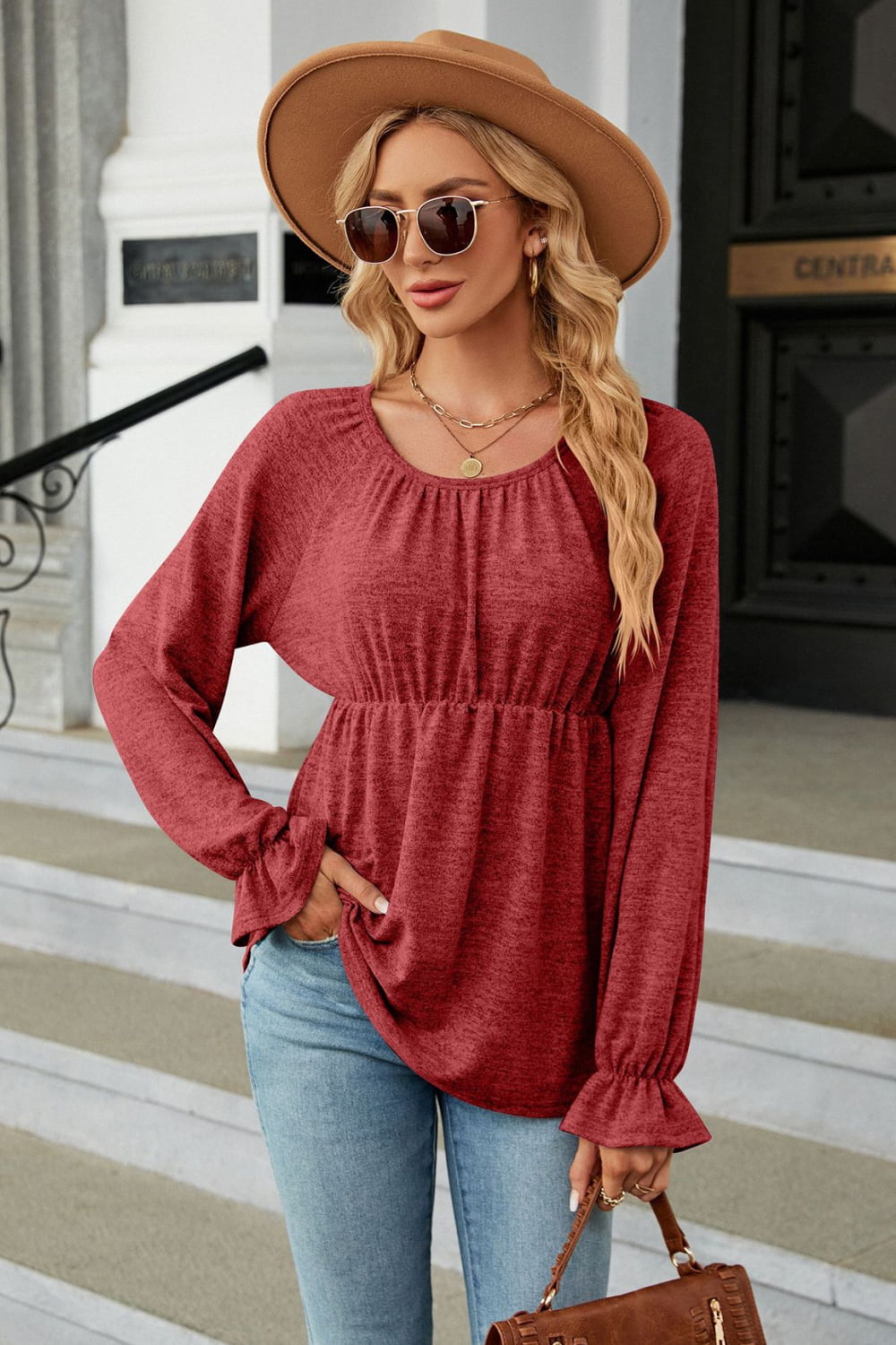 Buy rust Round Neck Flounce Sleeve Blouse