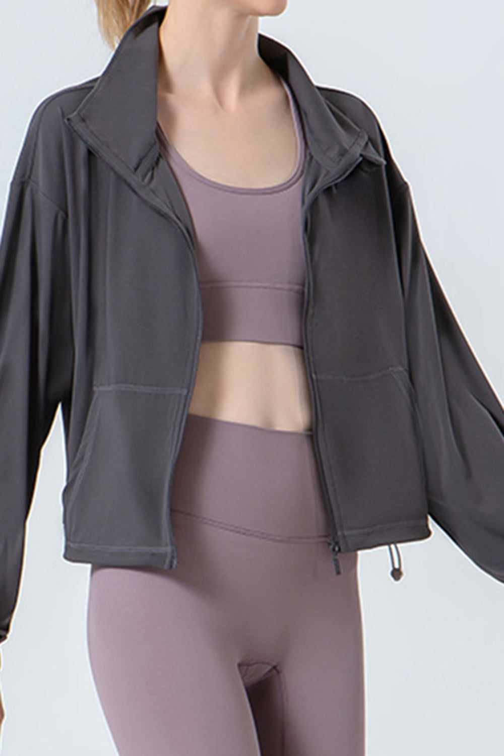 Buy dark-gray Drawstring Zip Up Dropped Shoulder Active Outerwear