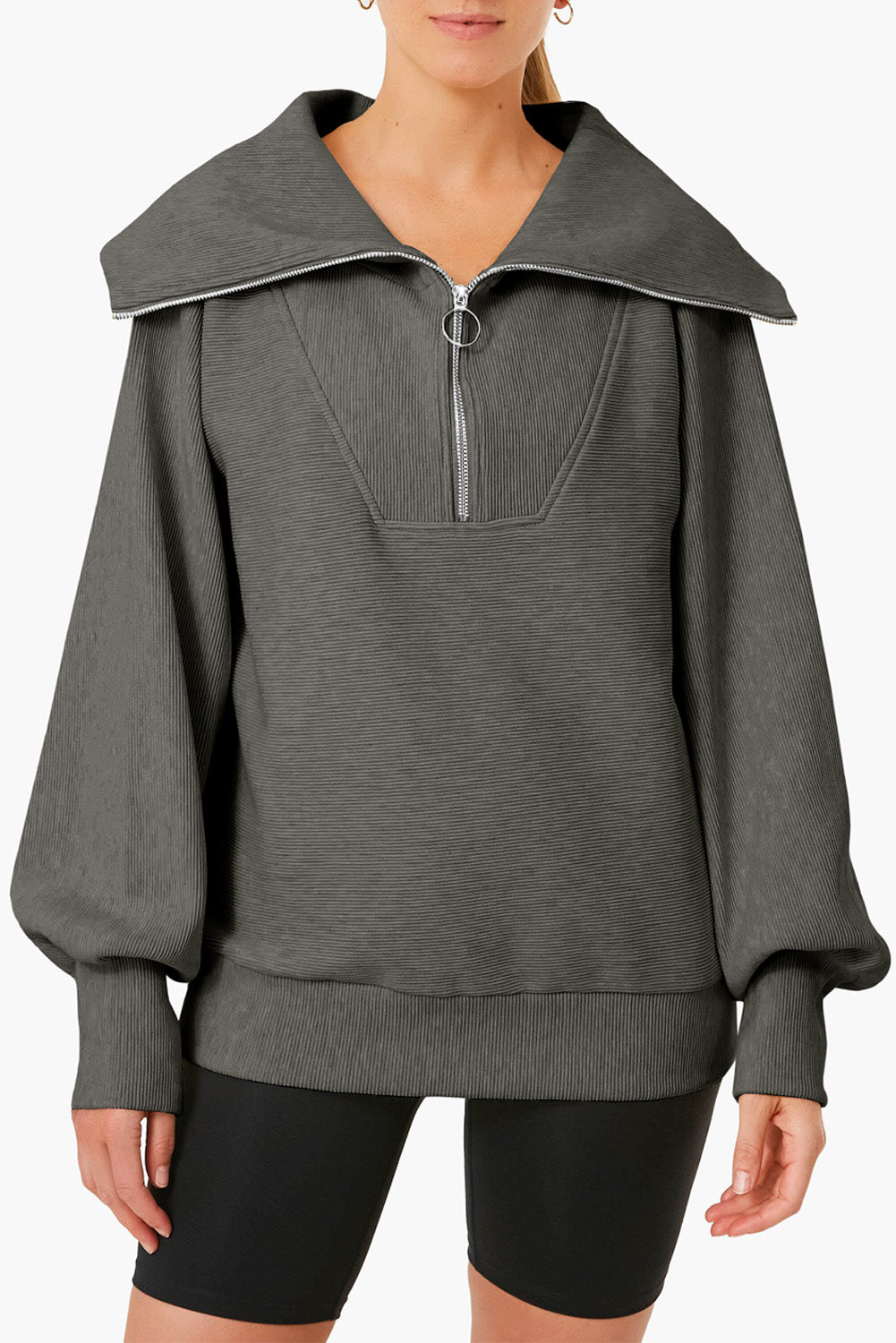 Buy dark-gray Pocketed Quarter Zip Collared Neck Sweatshirt