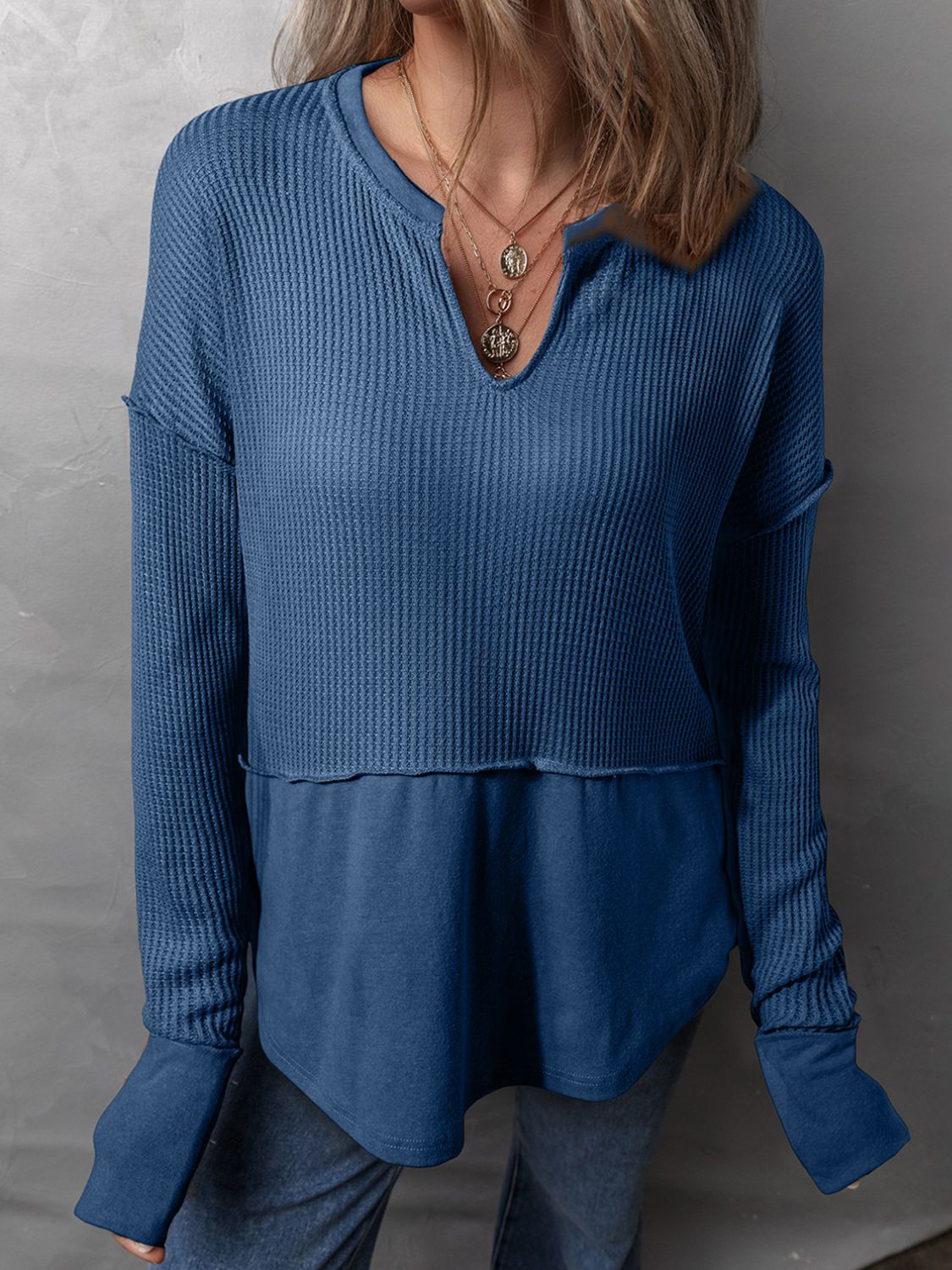 Buy blue Waffle-Knit Notched Long Sleeve T-Shirt