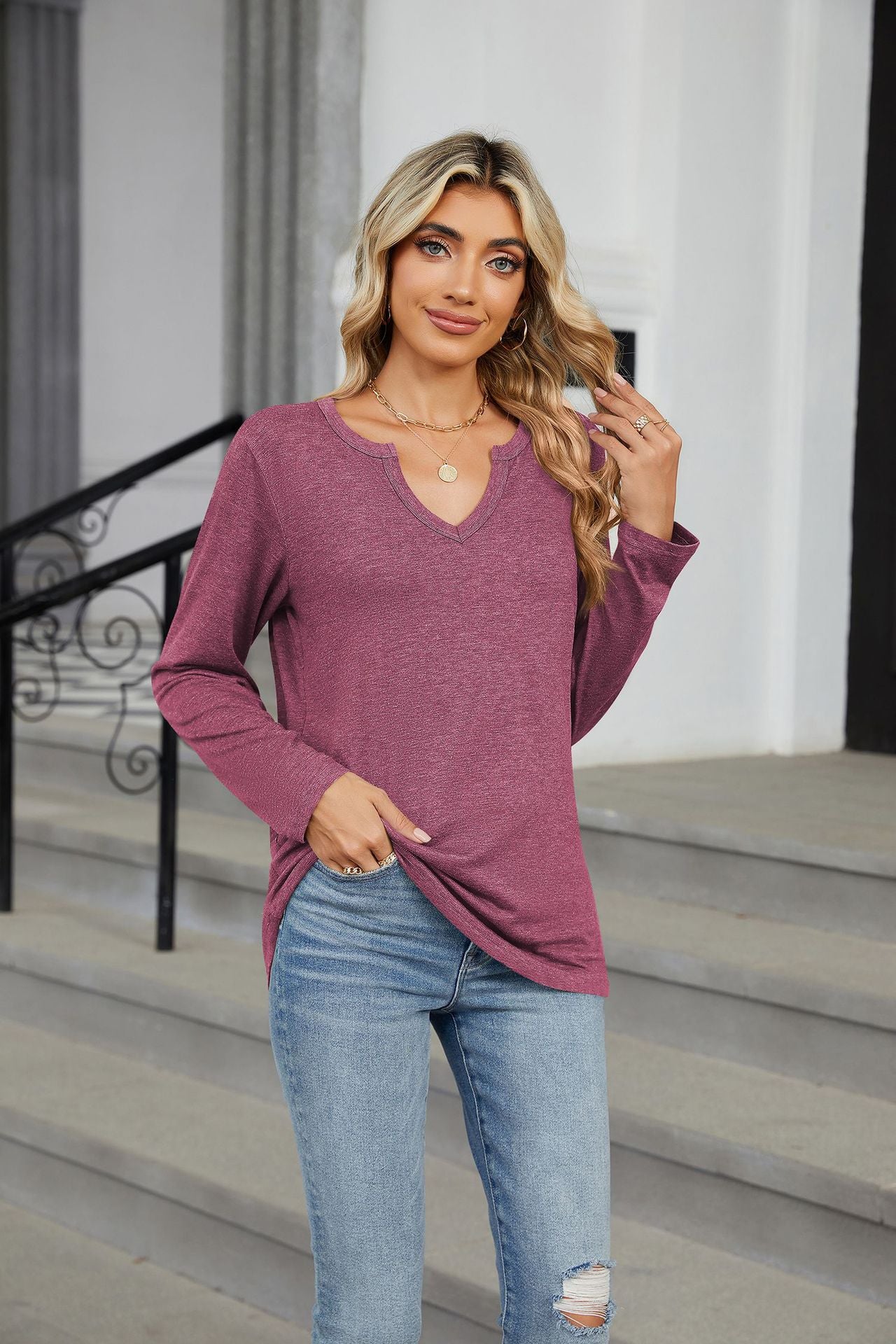 Buy plum Notched Long Sleeve T-Shirt