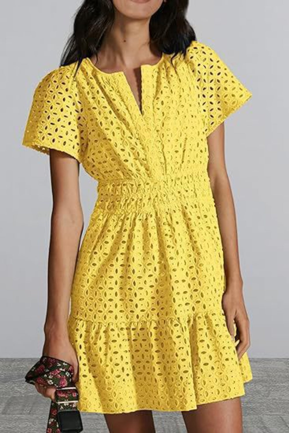 Buy yellow Eyelet Notched Short Sleeve Mini Dress