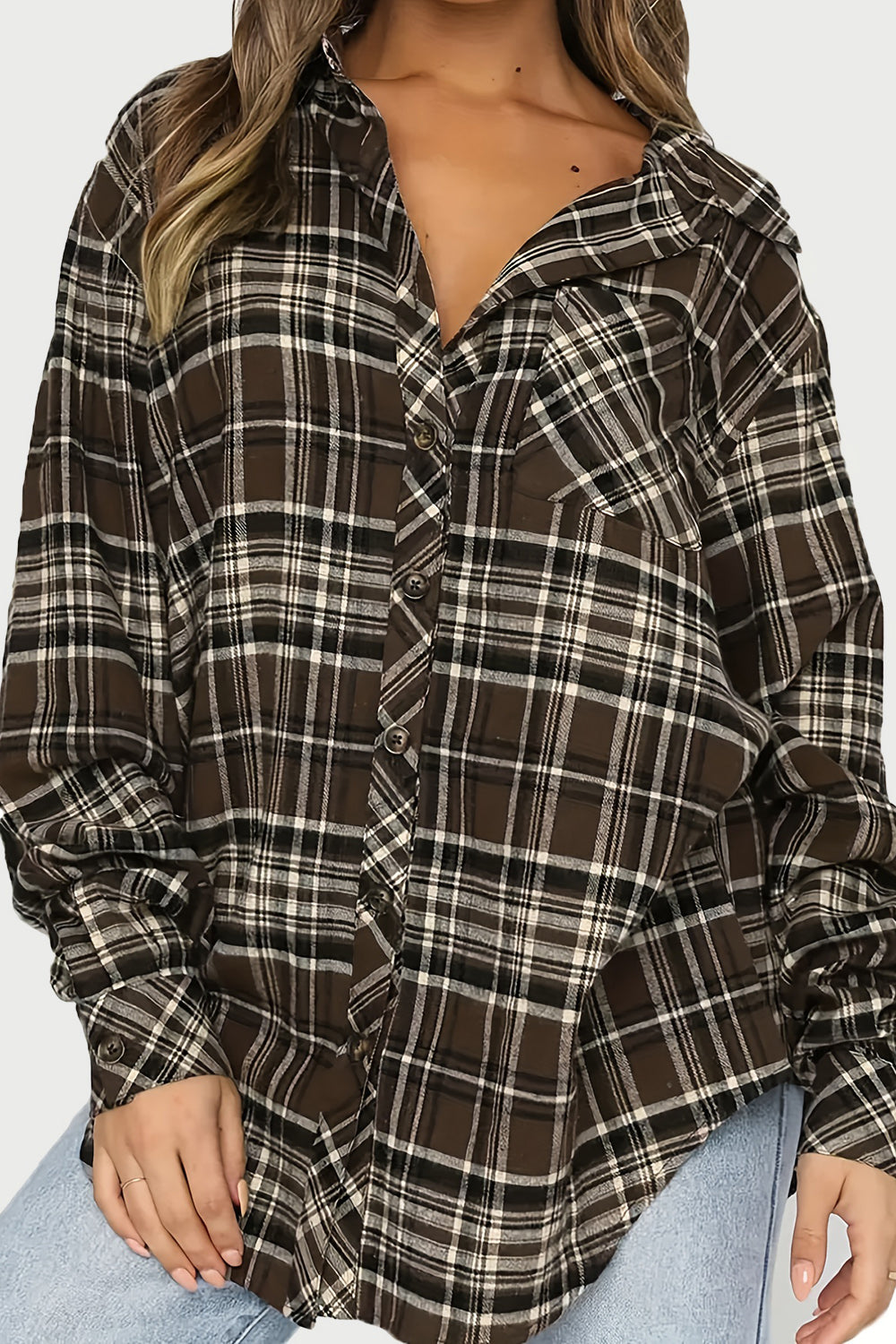 Buy chocolate Plaid Collared Neck Long Sleeve Shirt