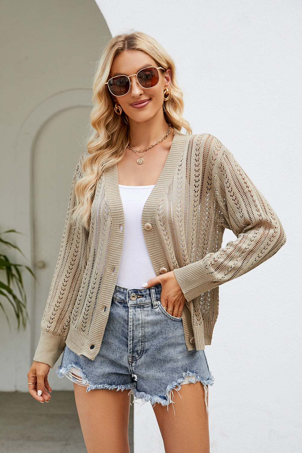 Buy khaki Openwork Button Front V-Neck Cardigan