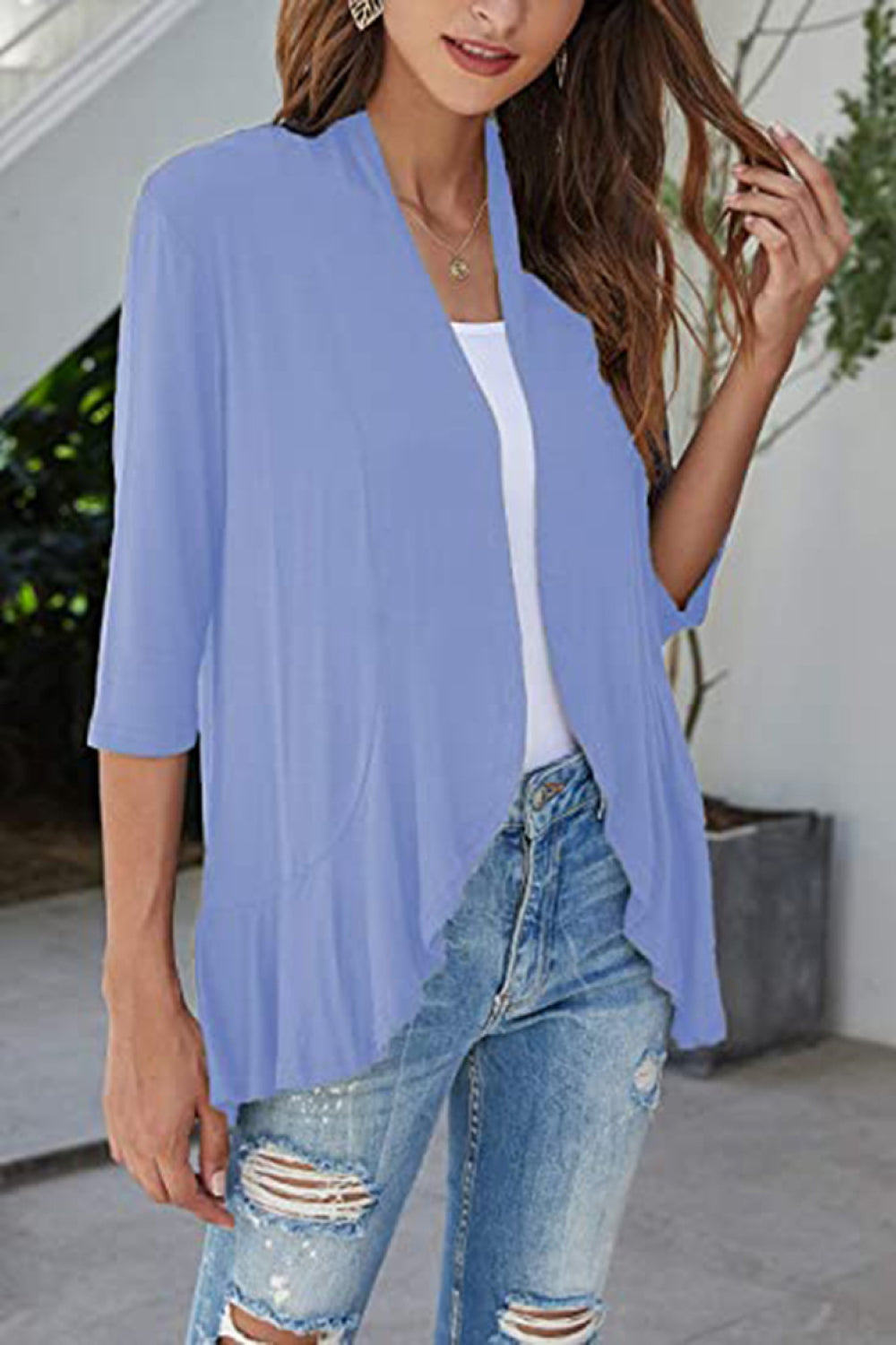 Buy light-blue Open Front Ruffle Trim Cardigan