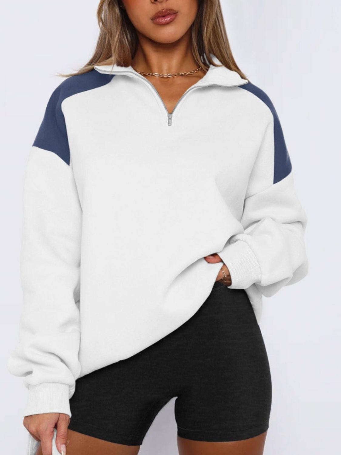 Buy white Contrast Quarter Zip Long Sleeve Sweatshirt