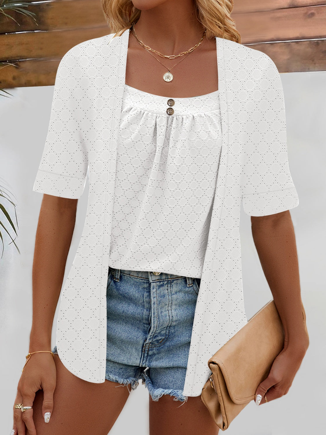 Buy white Full Size Faux Layered Decorative Button Half Sleeve Blouse