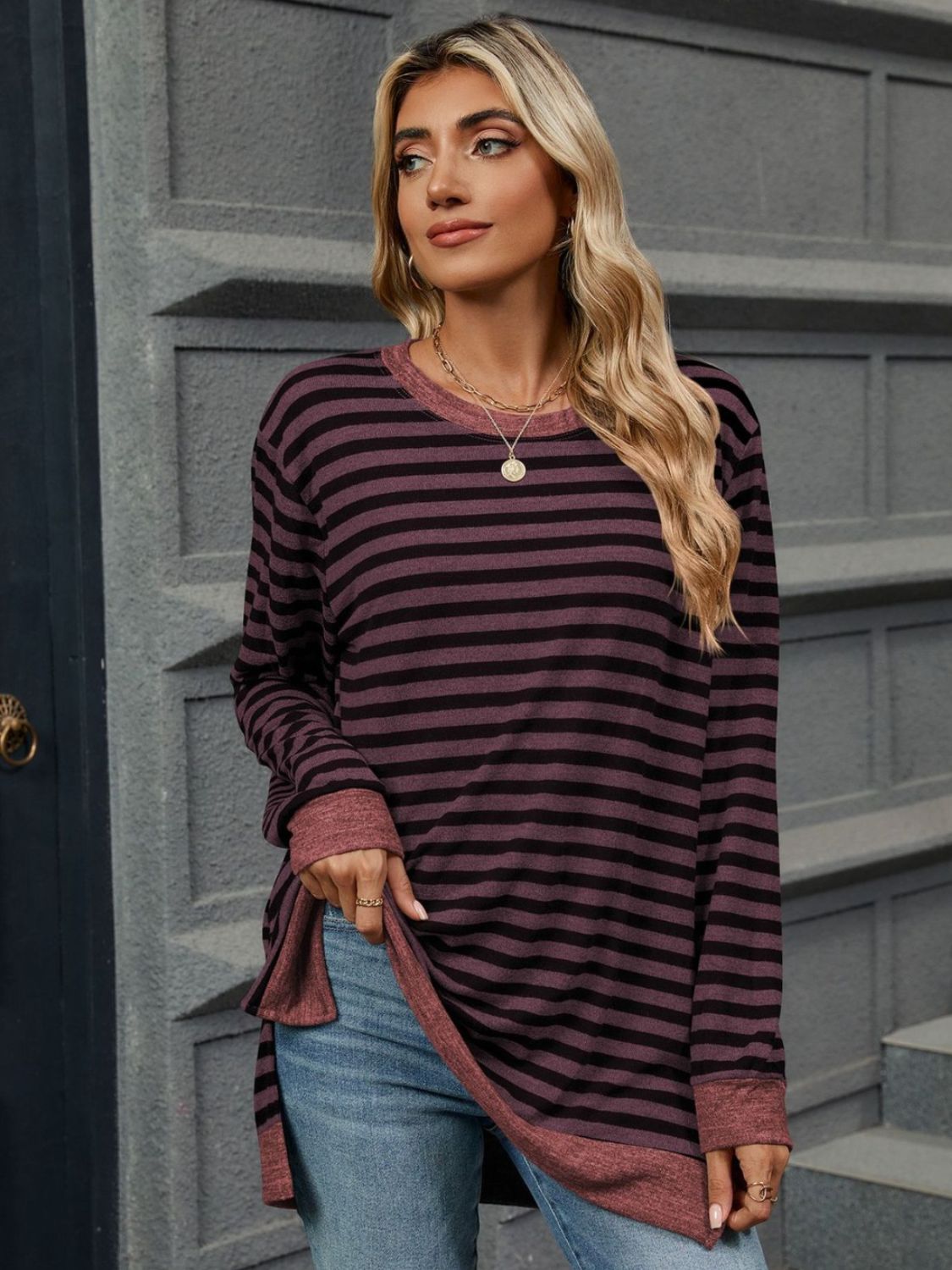 Striped Round Neck Long Sleeve T-Shirt