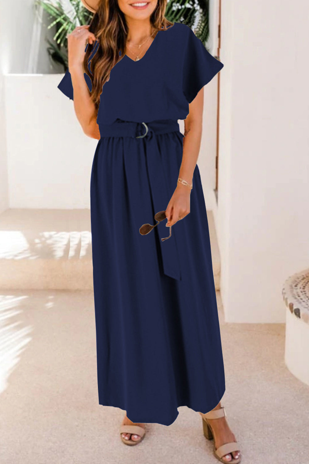 Buy dark-blue Ruched V-Neck Cap Sleeve Dress