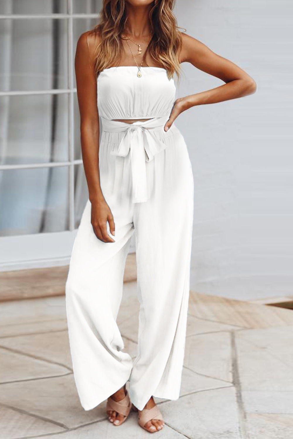 Buy white Tied Cutout Tube Wide Leg Jumpsuit