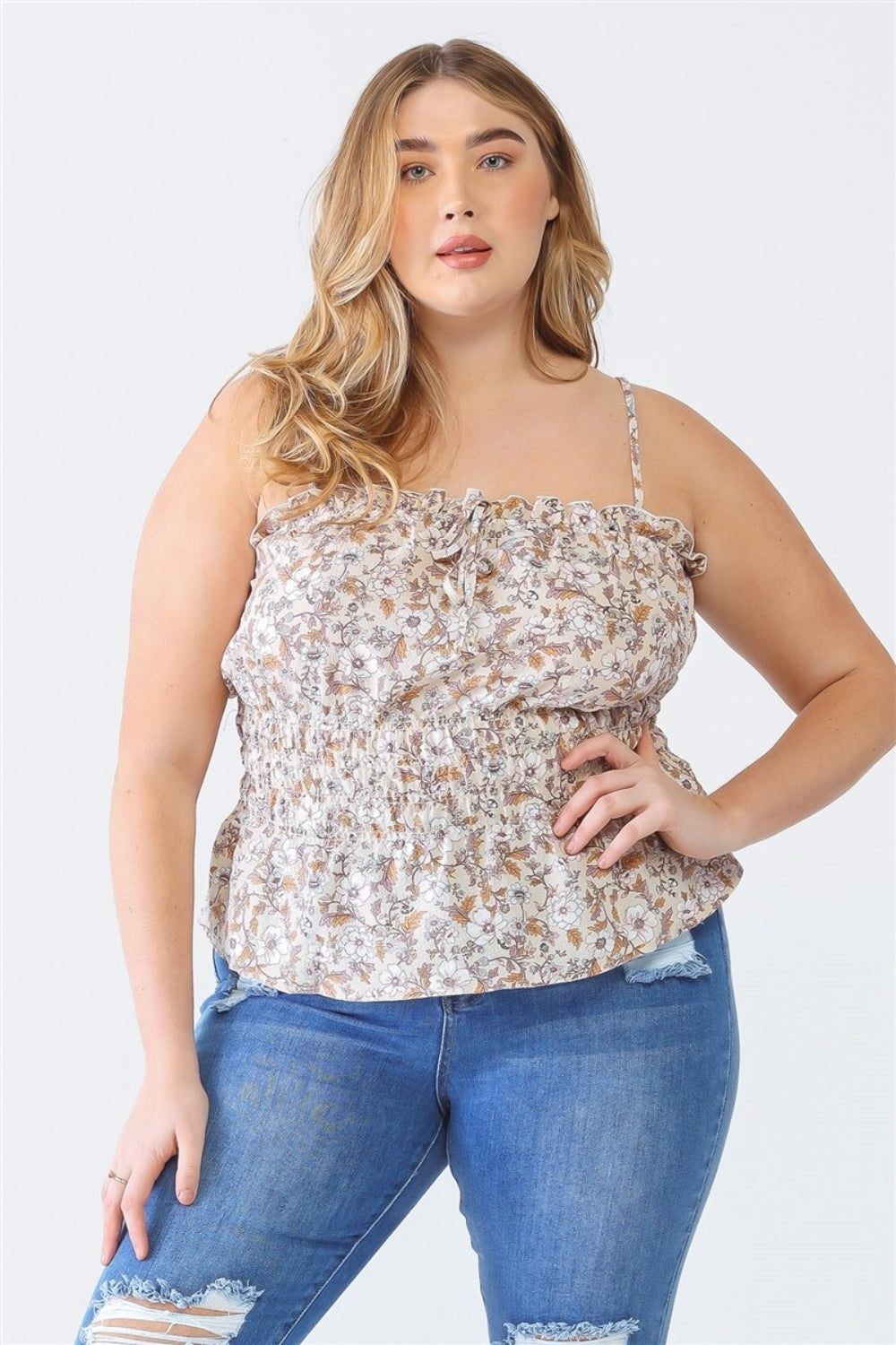 Buy taupe Zenobia Plus Size Frill Floral Square Neck Cami