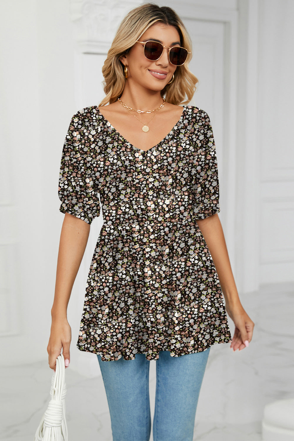 Buy heather-gray V-Neck Babydoll Blouse