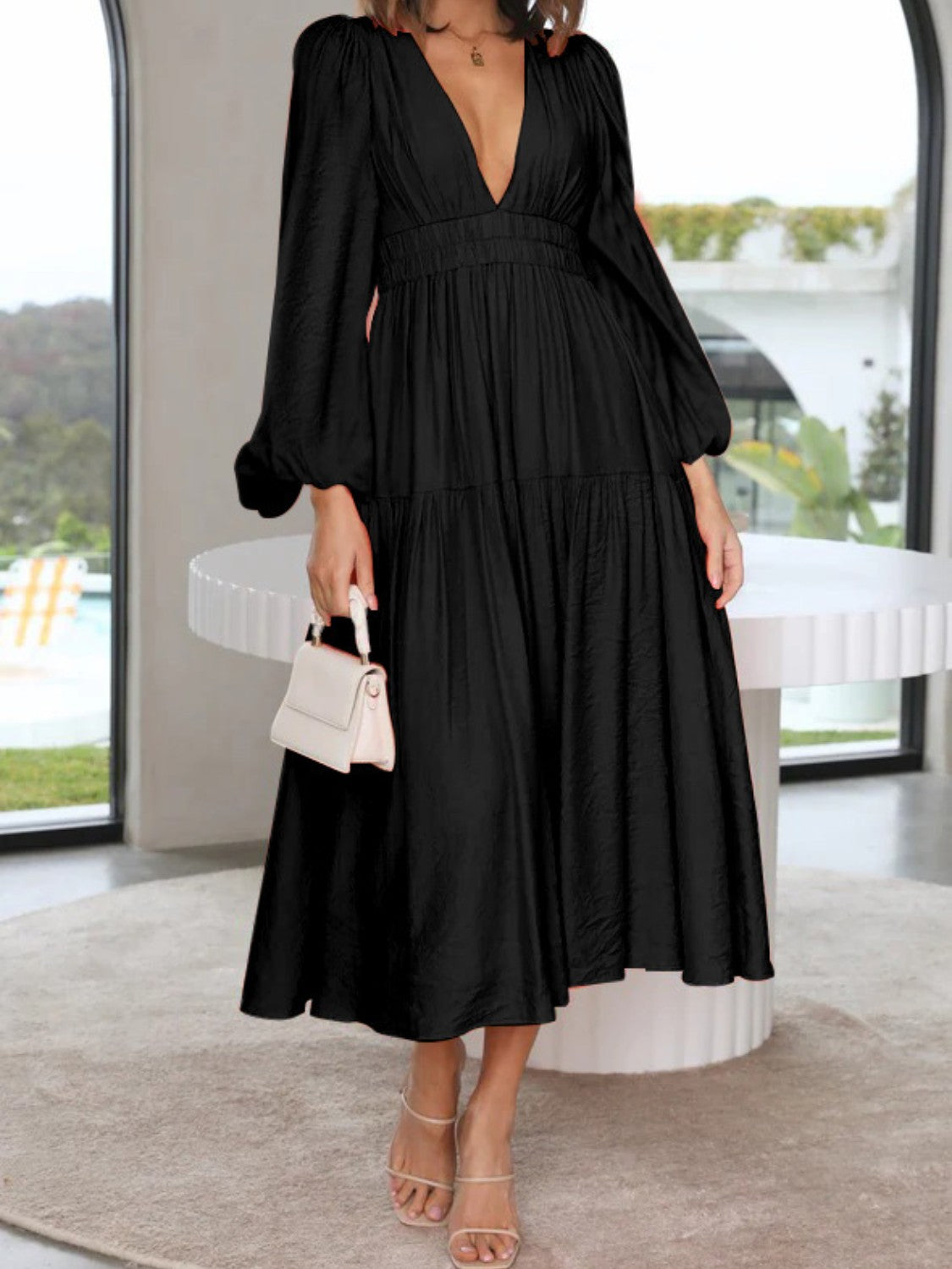 Buy black Deep V-Neck Balloon Sleeve Plain Maxi Dress