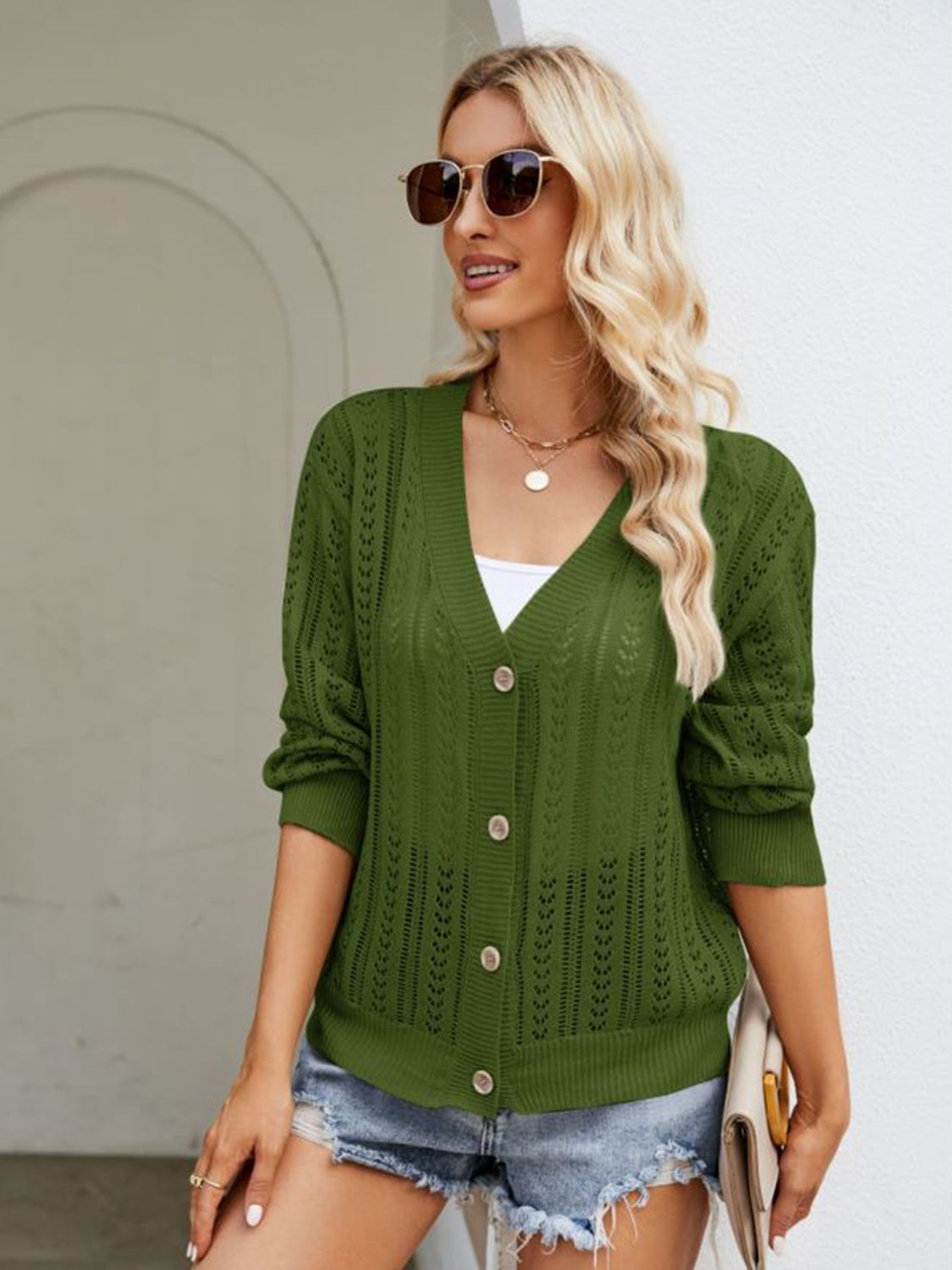 Buy army-green Button Down Ribbed Trim Cardigan