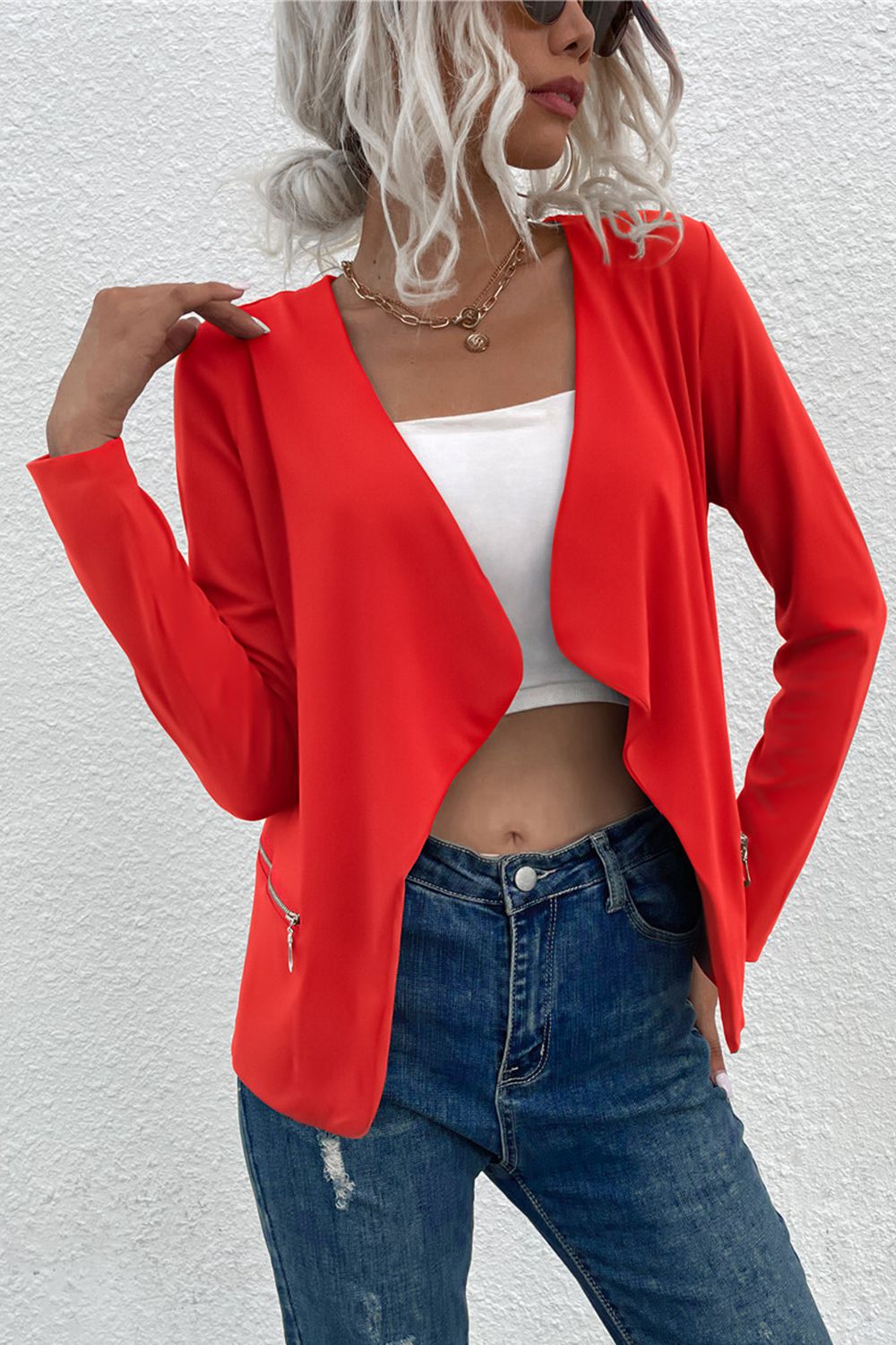 Buy red Open Front Zipper Pocket Cardigan