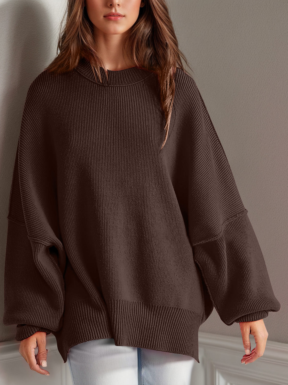 Buy dark-brown Double Take Side Slit Round Neck Long Sleeve Sweater