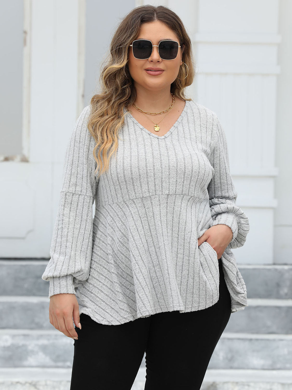 Buy light-gray Plus Size Ribbed V-Neck Long Sleeve Blouse