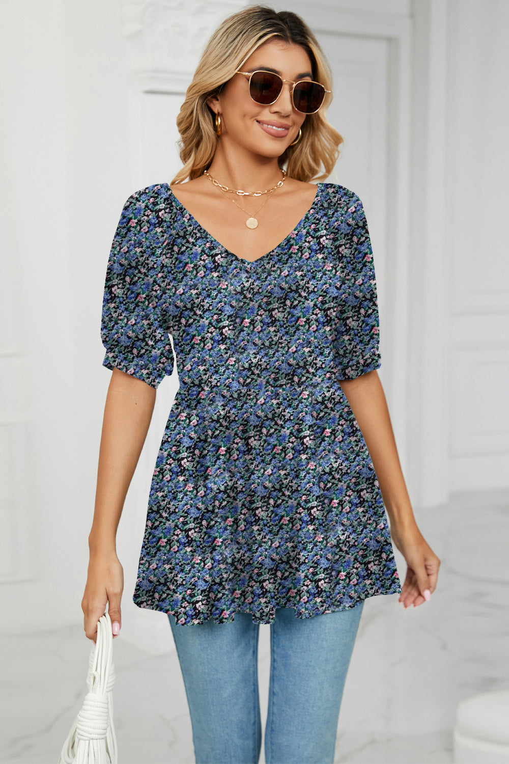 Buy azure V-Neck Babydoll Blouse