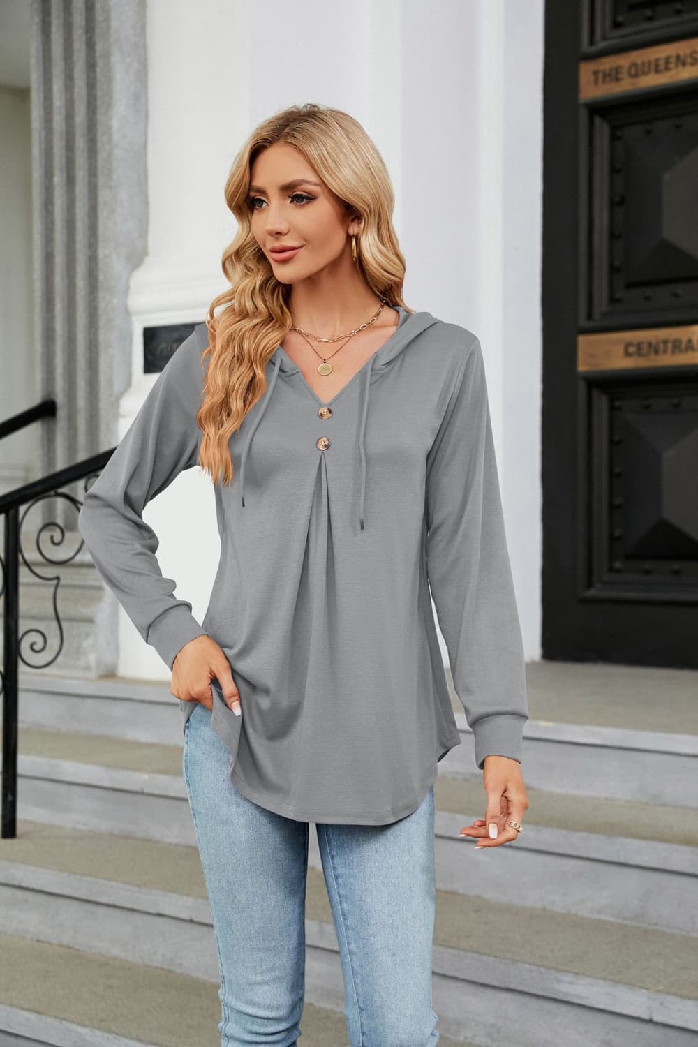 Buy light-gray Long Sleeve Hooded Blouse