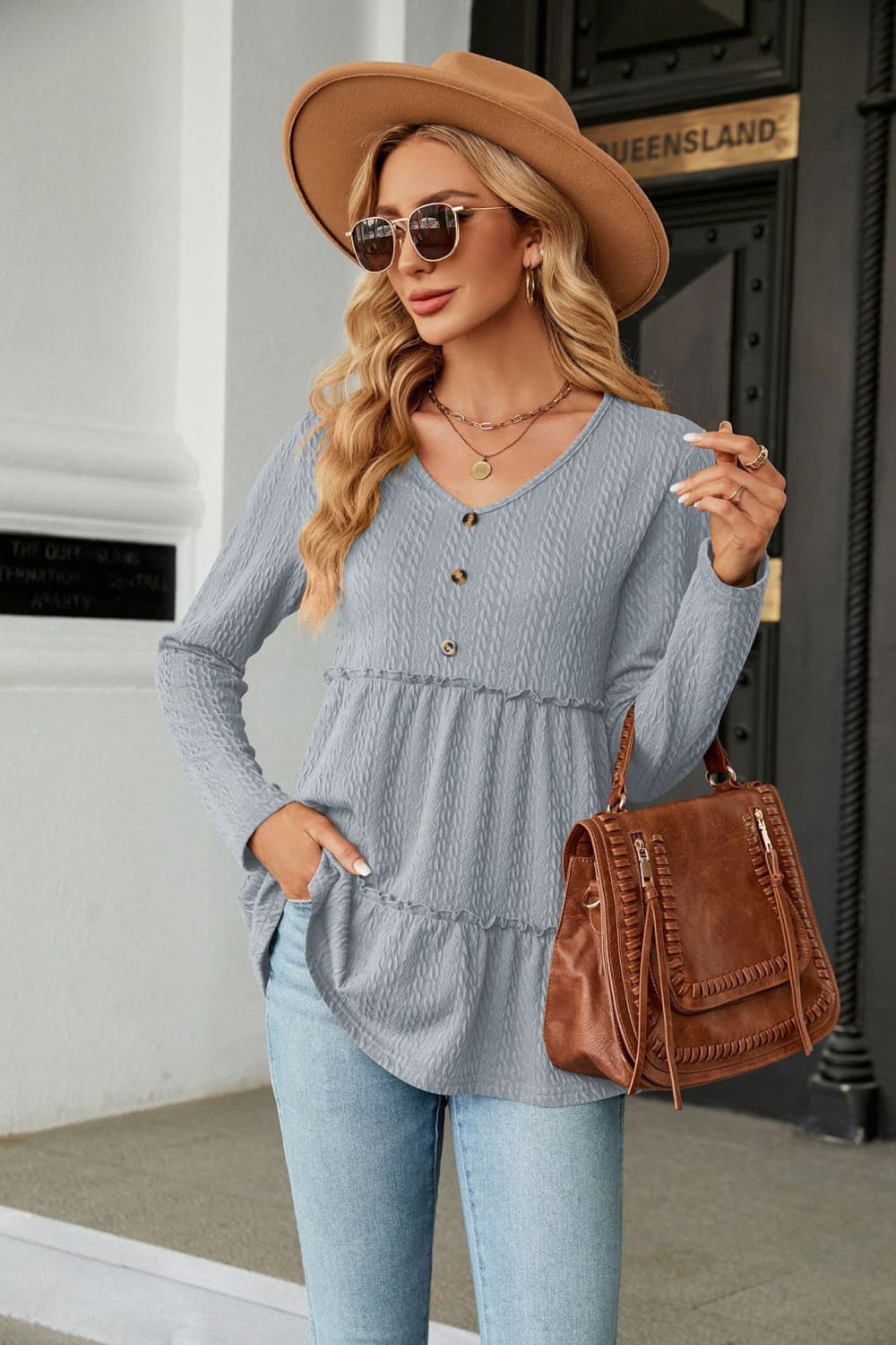 Buy light-blue Long Sleeve V-Neck Cable-Knit Blouse