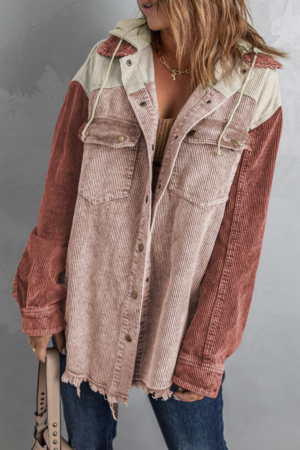 Buy blush-pink Snap Front Hooded Corduroy Shacket