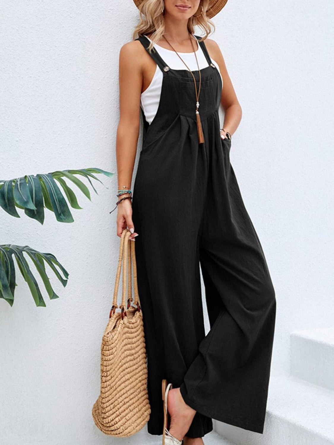 Buy black Full Size Square Neck Wide Strap Overalls