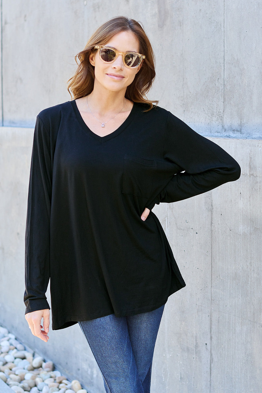 Buy black Basic Bae Full Size V-Neck Long Sleeve Top