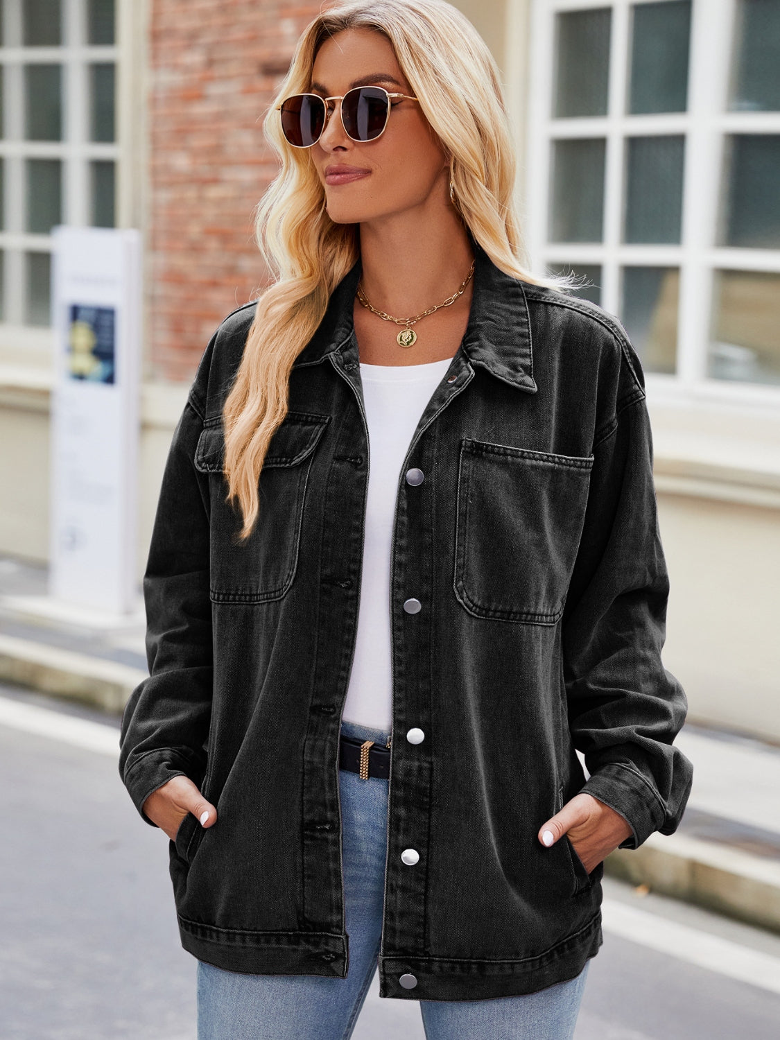 Buy black Button Up Denim Jacket with Pockets