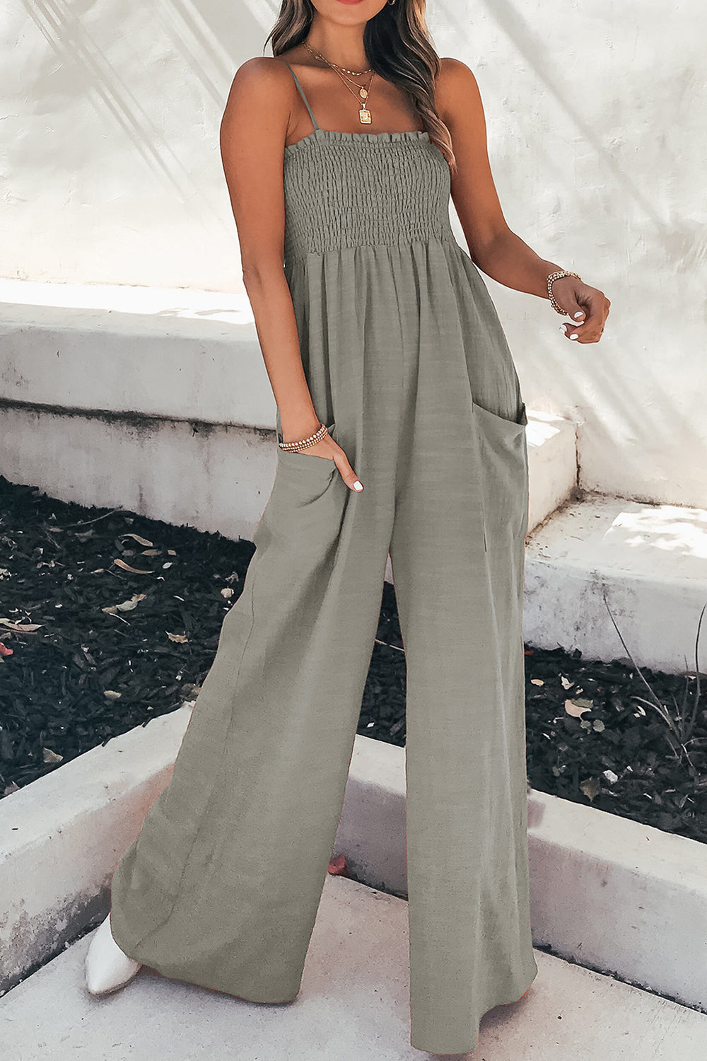 Buy gray Smocked Spaghetti Strap Wide Leg Jumpsuit