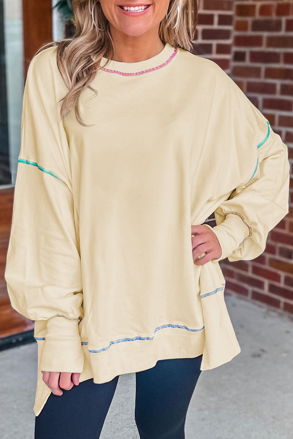 Buy ivory Slit Round Neck Lantern Sleeve Sweatshirt