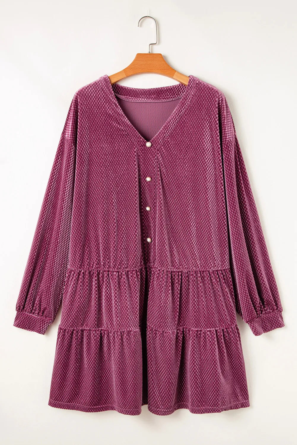 Buy moonlit-mauve Plus Size Textured Velvet Decorative Button Long Sleeve Dress