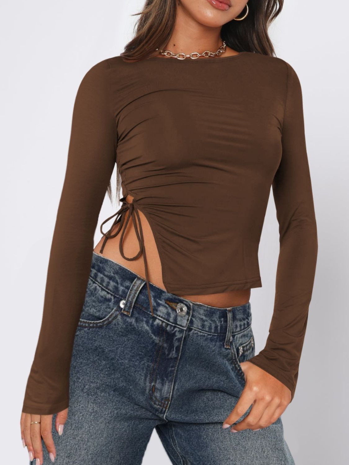 Buy chocolate Tied Slit Round Neck Long Sleeve T-Shirt