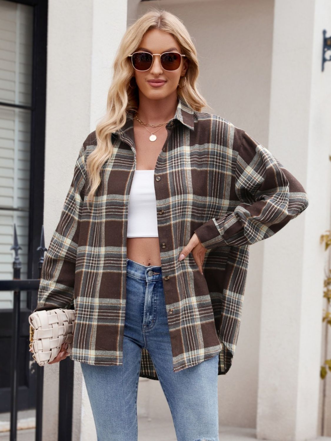 Buy chocolate Mandy Pocketed Plaid Collared Neck Long Sleeve Shirt